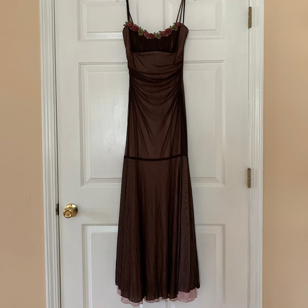 Brown & Rose Floral Decoration Prom Dress